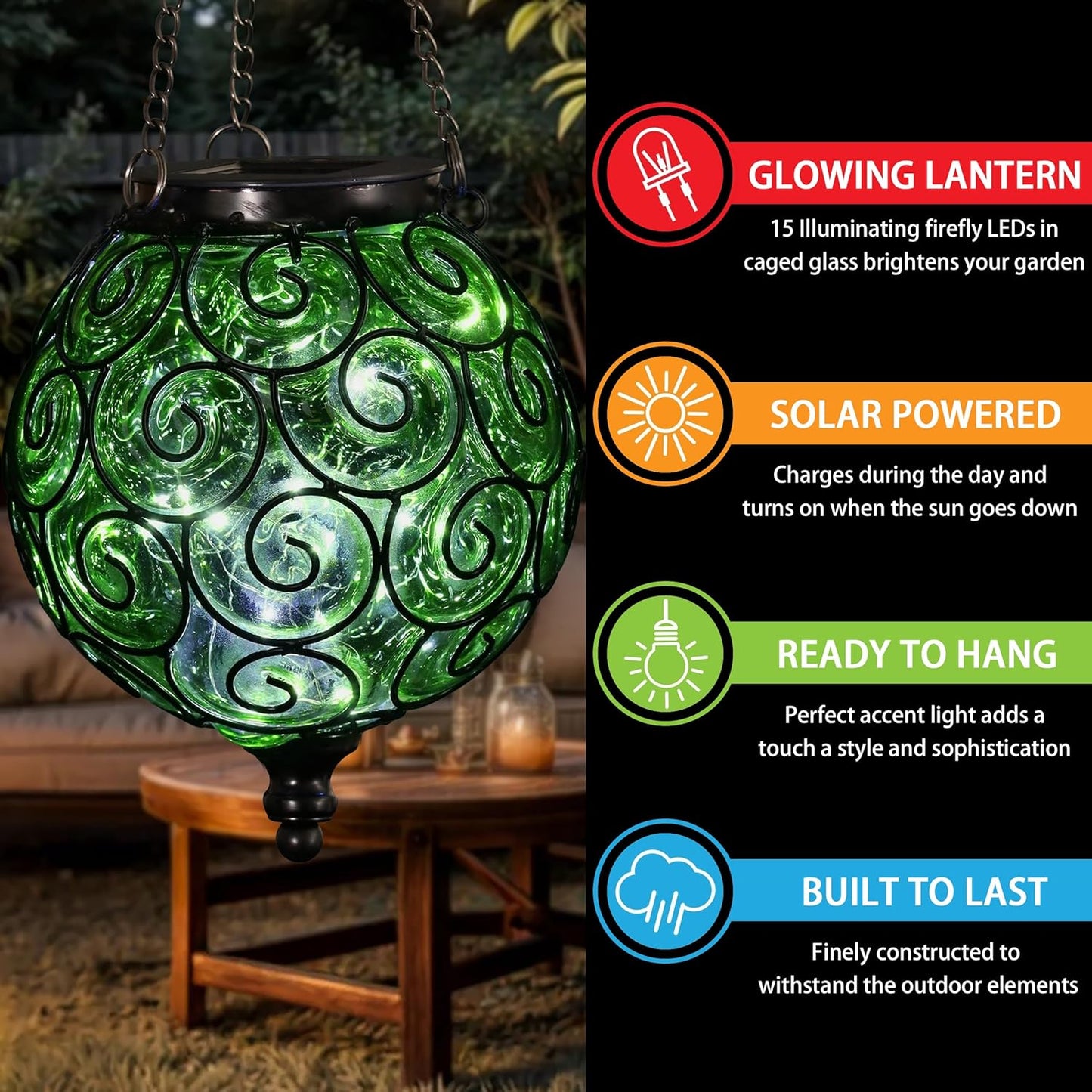 Solar Round Glass Outdoor Hanging Decorative Lantern (Each)
