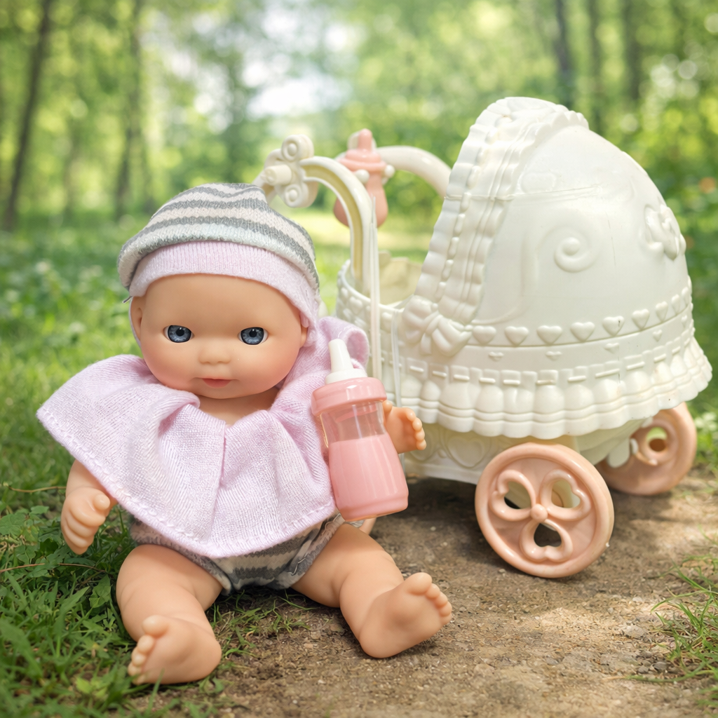 Baby Doll With Carriage And Bottle Toy Set (3 pcs)