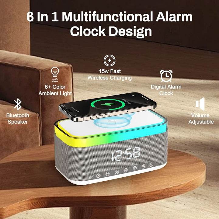 Smart Home Wireless Charging Stand, Speaker, and Digital Clock