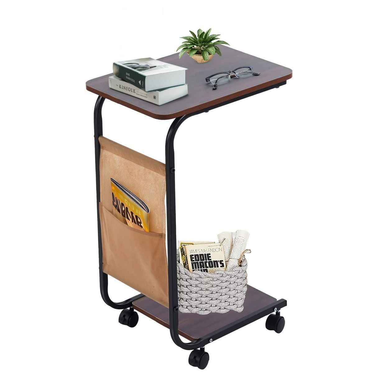 Side Table with Storage Bag and Wheels (C-Shape)