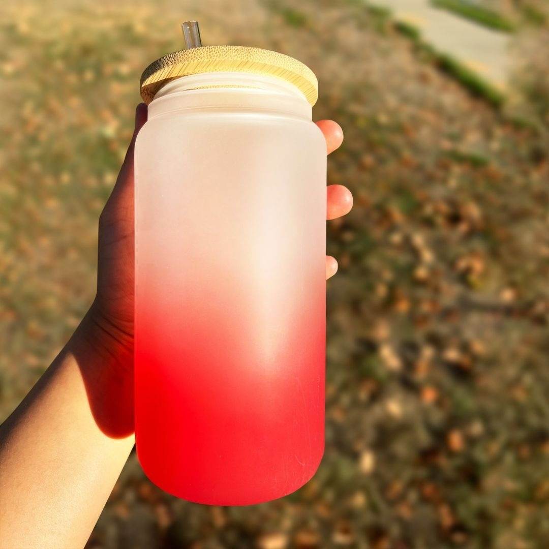 Frosted Drinking Glass With Bamboo Lid (380ml)(Each)