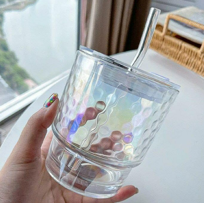 Rainbow Tumbler Glass With Lid And Straw (400ml)(Each)