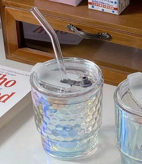 Rainbow Tumbler Glass With Lid And Straw (400ml)(Each)