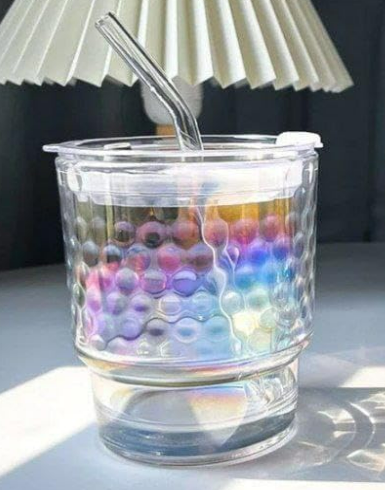 Rainbow Tumbler Glass With Lid And Straw (400ml)(Each)