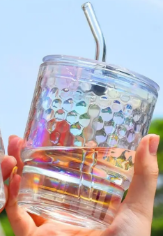 Rainbow Tumbler Glass With Lid And Straw (400ml)(Each)