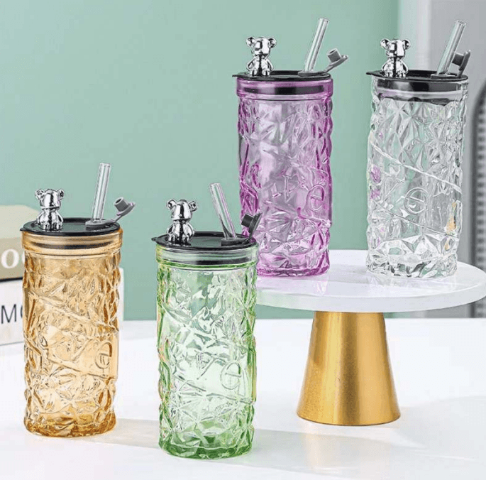 Luxury Design Drink Glass Cup With Lid And Straw (330ml)(Each) - DMC Wholesale