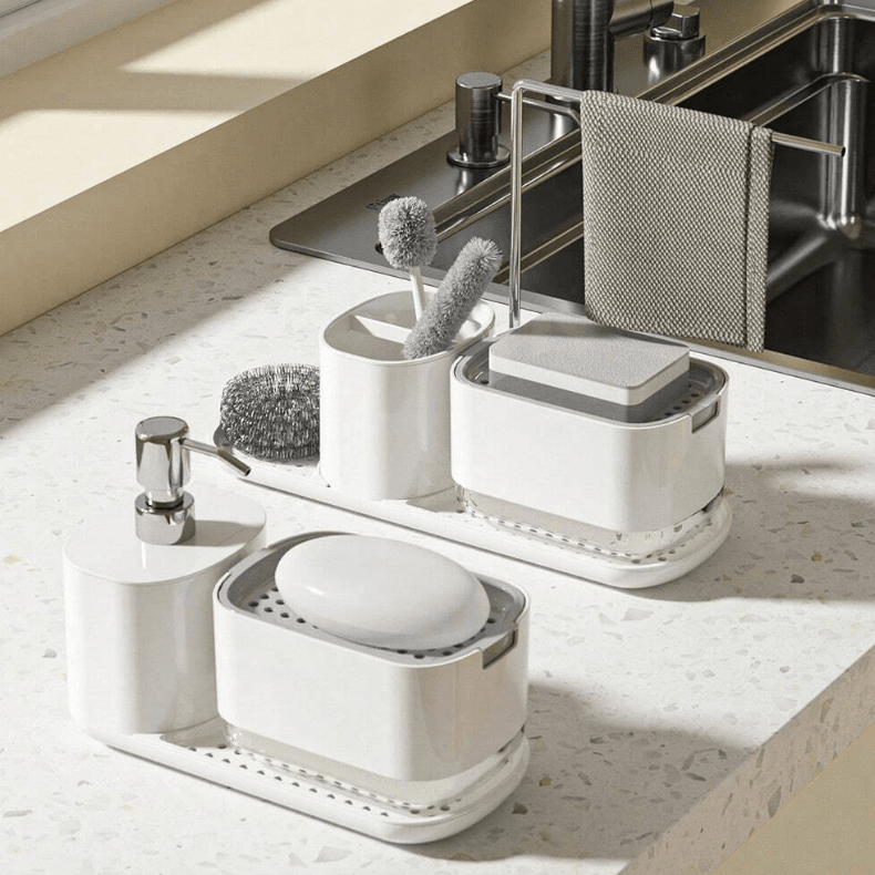 Kitchen Soap Dispenser Set with Tray and Sponge Holder