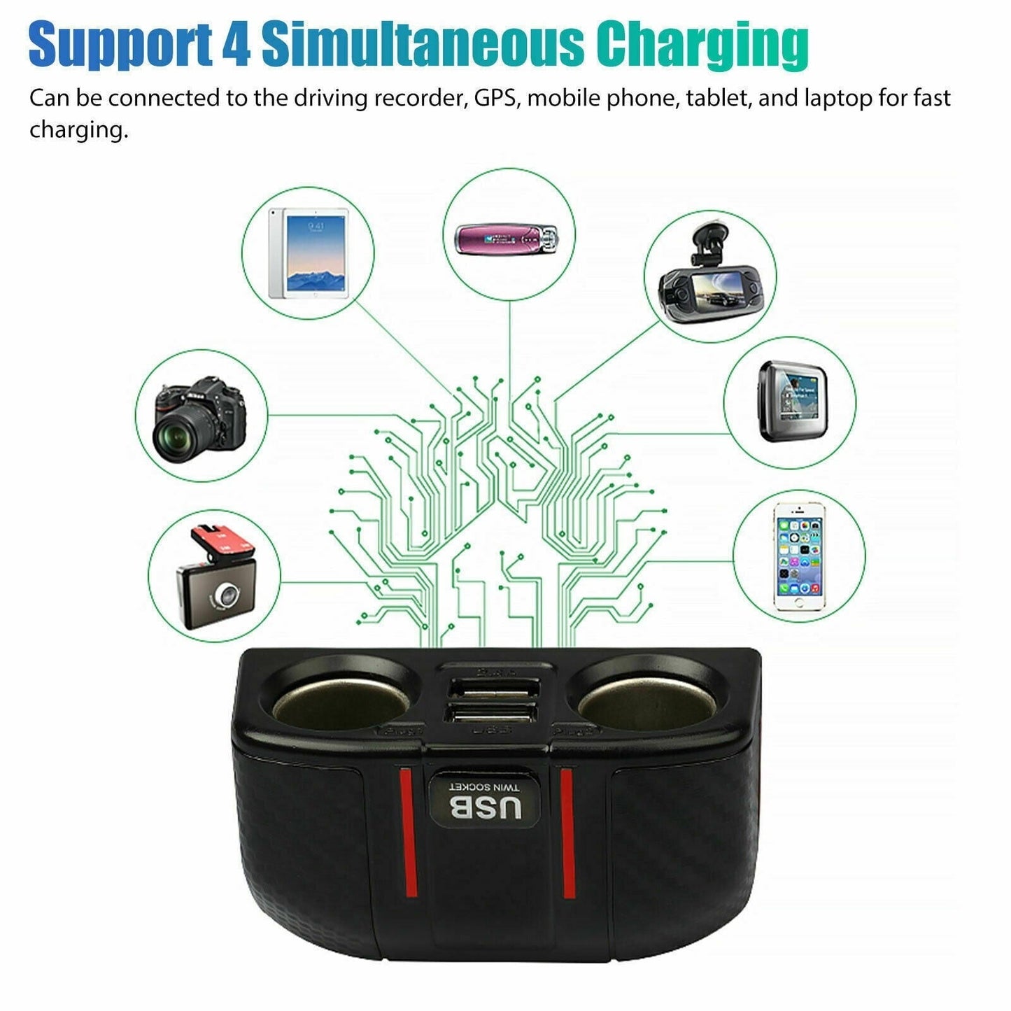 Dual USB Charger Splitter 12V Outlet Power Adapter