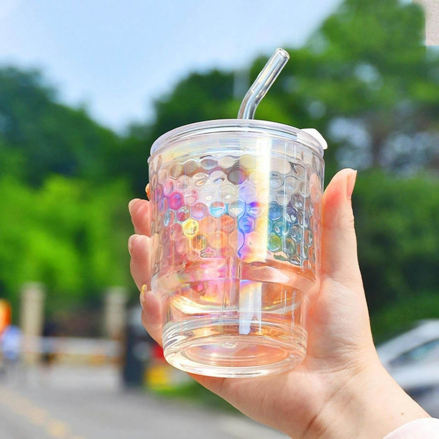 Rainbow Tumbler Glass With Lid And Straw (400ml)(Each)