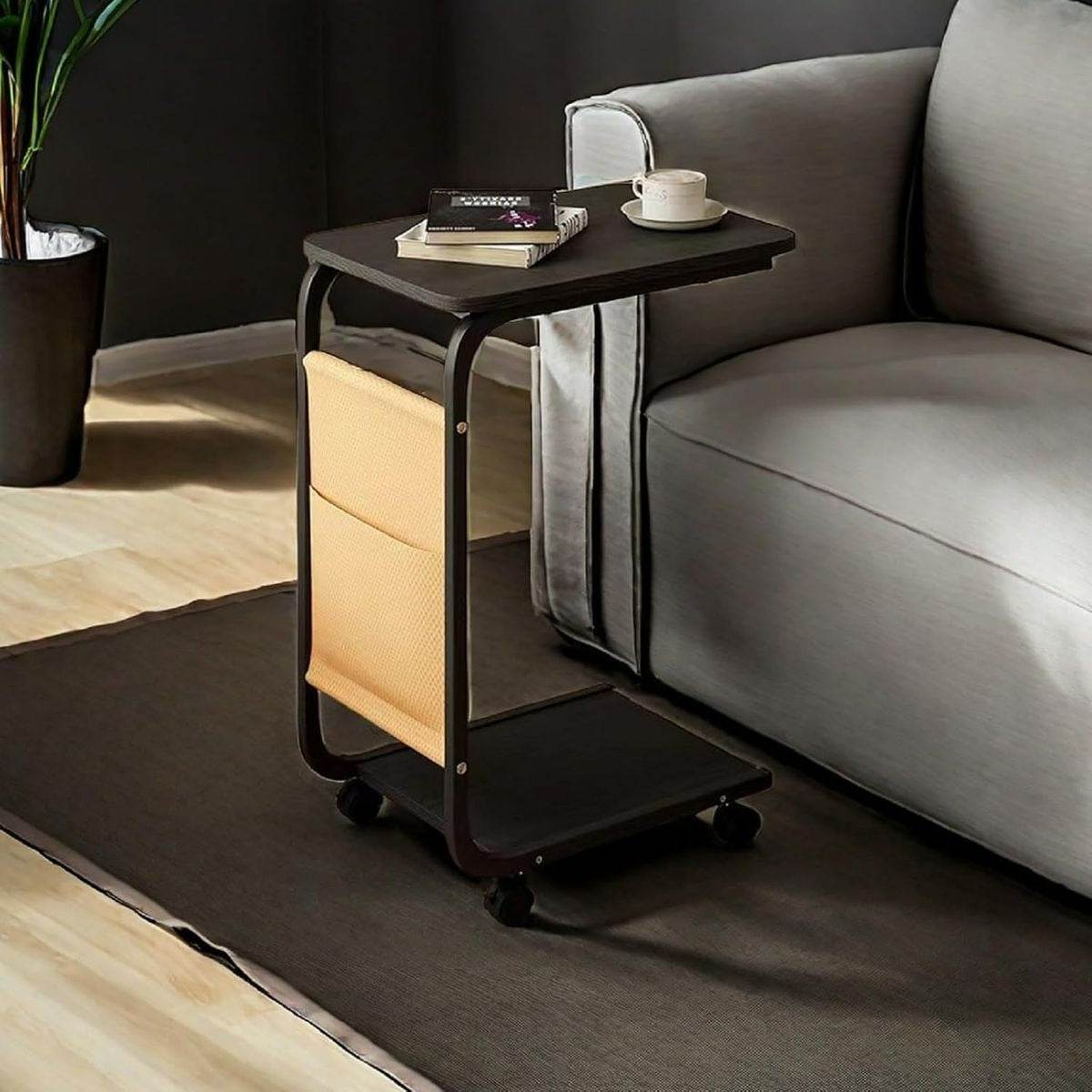 Side Table with Storage Bag and Wheels (C-Shape)