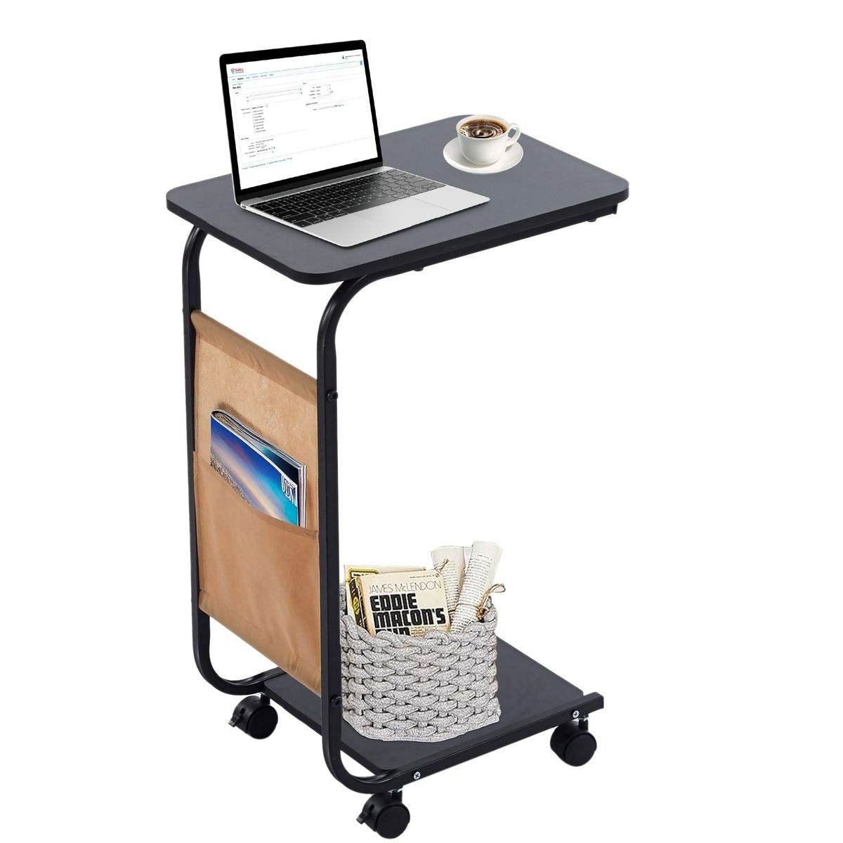 Side Table with Storage Bag and Wheels (C-Shape)