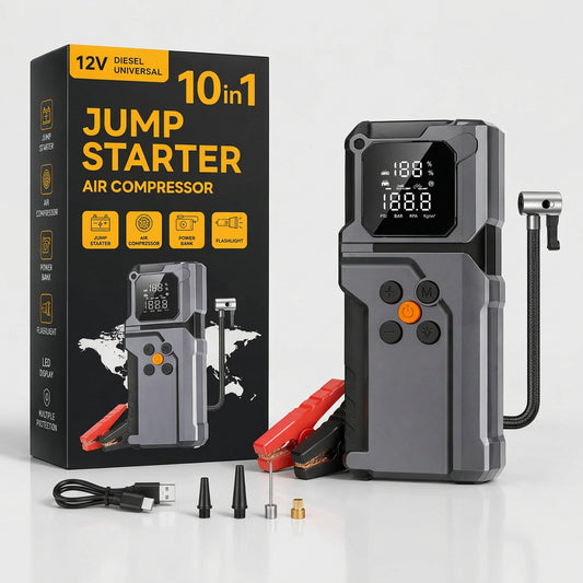10-in-1 Jump Starter with Air Compressor, Power Bank & Flashlight