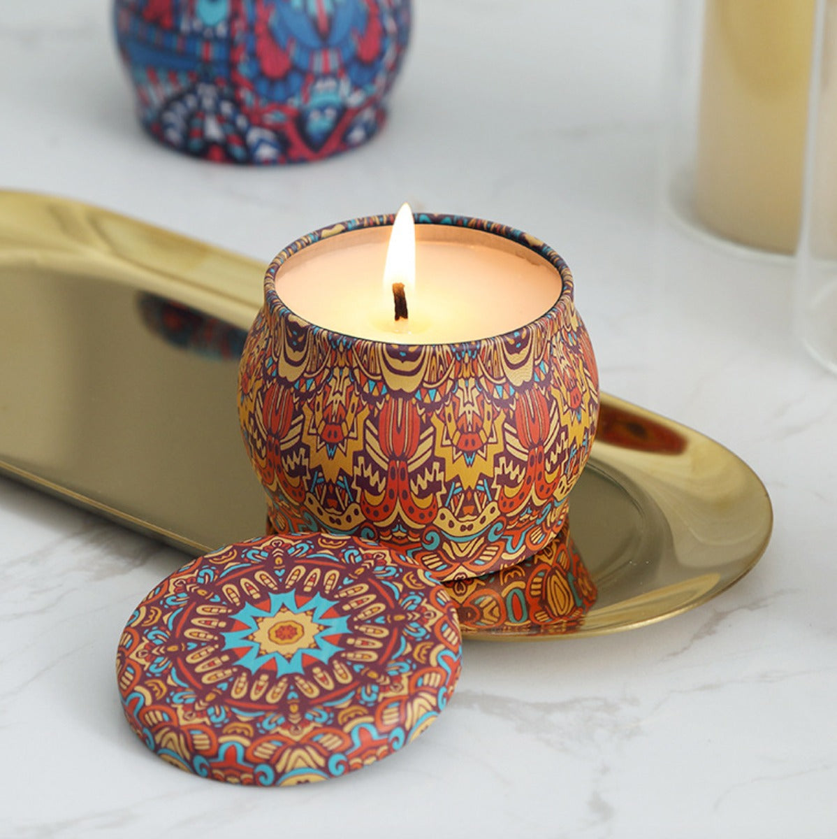 Rose Aroma Candle In Colourful Patterned Tin (65ml)