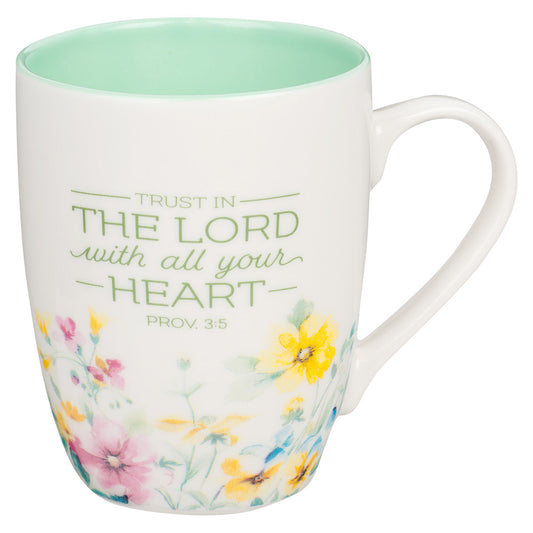 Trust In The Lord With All Your Heart Floral Ceramic Mug With Green Interior - Prov 3:5-6