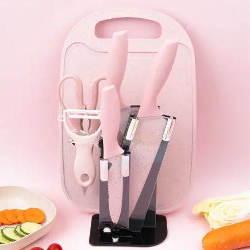 Kitchen Knife Set with Cutting Board (7 pcs)(Red)