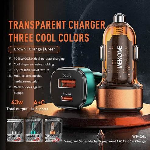 Transparent USB and C-Type Car Fast Charger (Each)