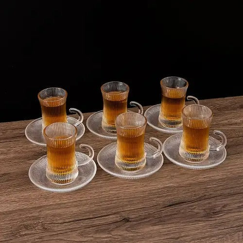 Striped Turkish Tea Cup and Saucer Set (110ml)(6 Cups)
