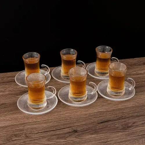 Striped Turkish Tea Cup and Saucer Set (110ml)(6 Cups)