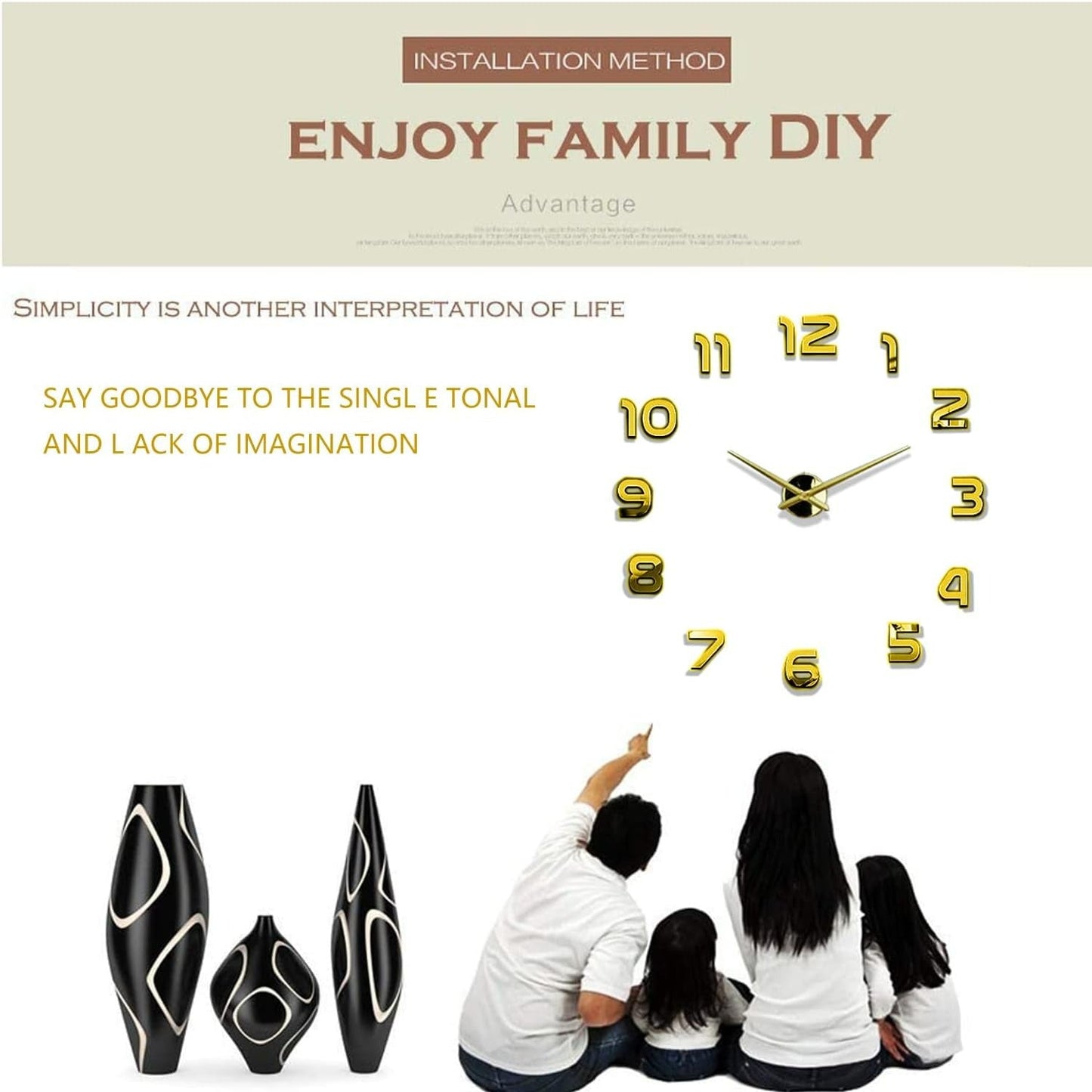 DIY Modern 3D Wall Clock (Gold)(60-70cm)