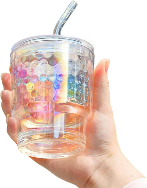 Rainbow Tumbler Glass With Lid And Straw (400ml)(Each)