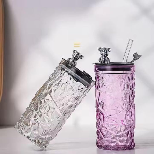 Luxury Design Drink Glass Cup With Lid And Straw (330ml)(Each)