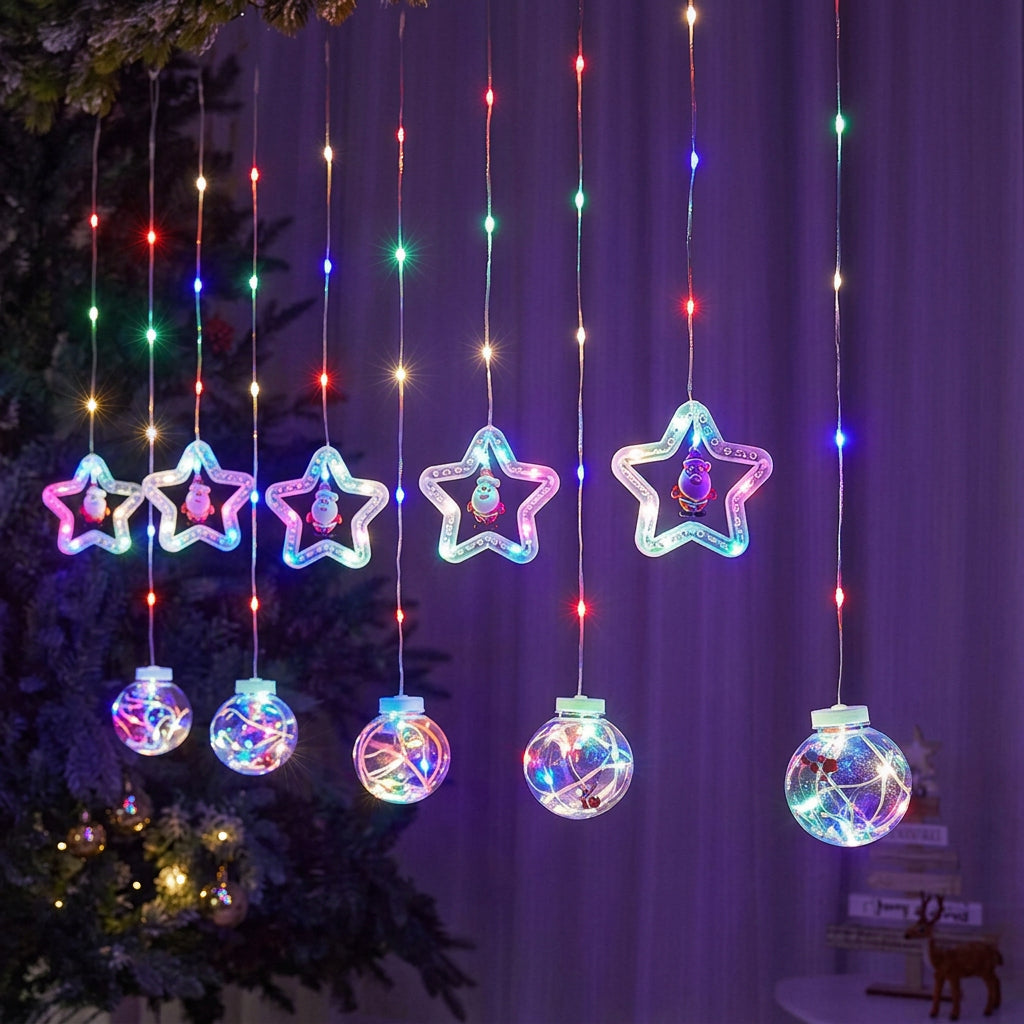 LED Star & Ball Curtain Lights - Colourful Christmas Window Decoration