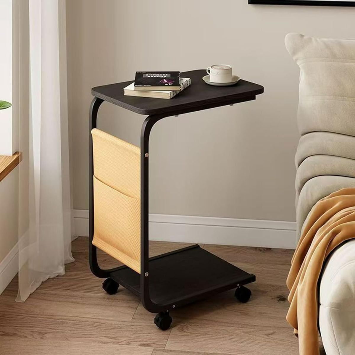 Side Table with Storage Bag and Wheels (C-Shape)