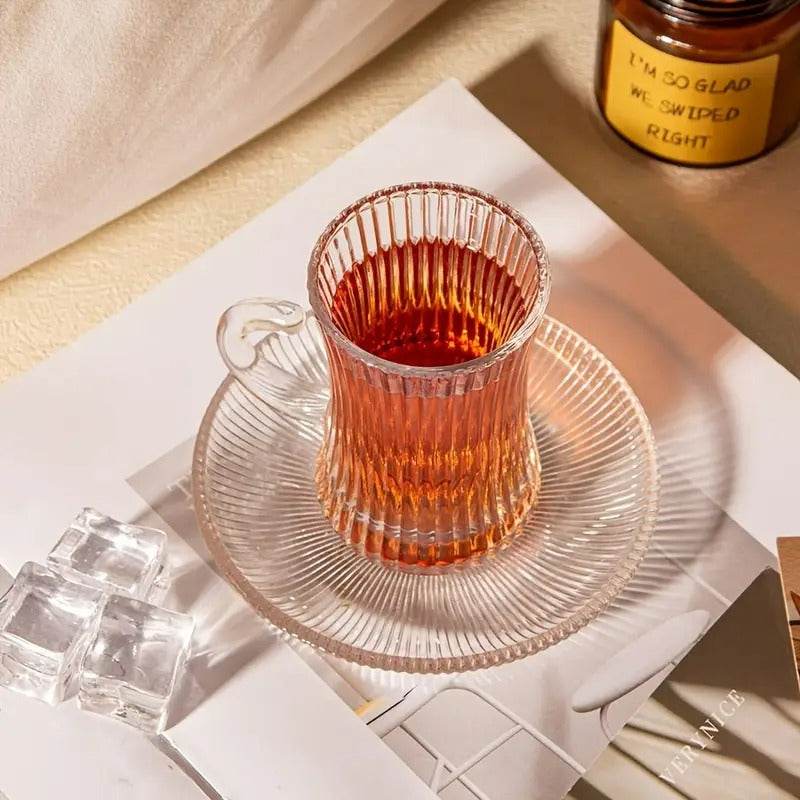 Striped Turkish Tea Cup and Saucer Set (110ml)(6 Cups)