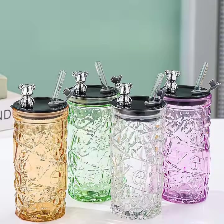 Luxury Design Drink Glass Cup With Lid And Straw (330ml)(Each)