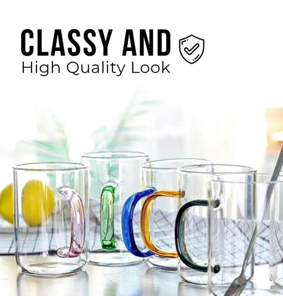 Clear Cup Set With Coloured Handles (400ml)(6 pcs)