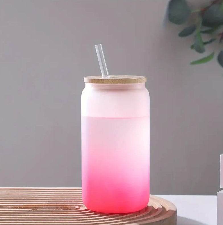 Frosted Drinking Glass With Bamboo Lid (380ml)(Each)