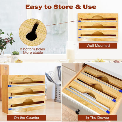 Natural Bamboo Wrap Cutter Dispenser (3 Compartment)