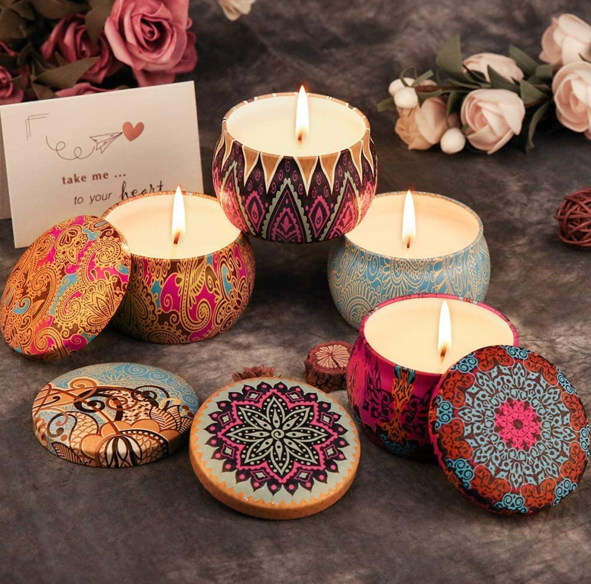 Rose Aroma Candle In Colourful Patterned Tin (65ml)