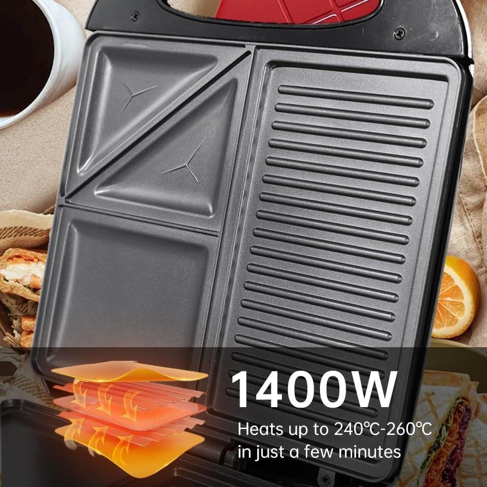 3In1 Shaped Electric Griddle, Sandwich, and Egg Maker (1400W)