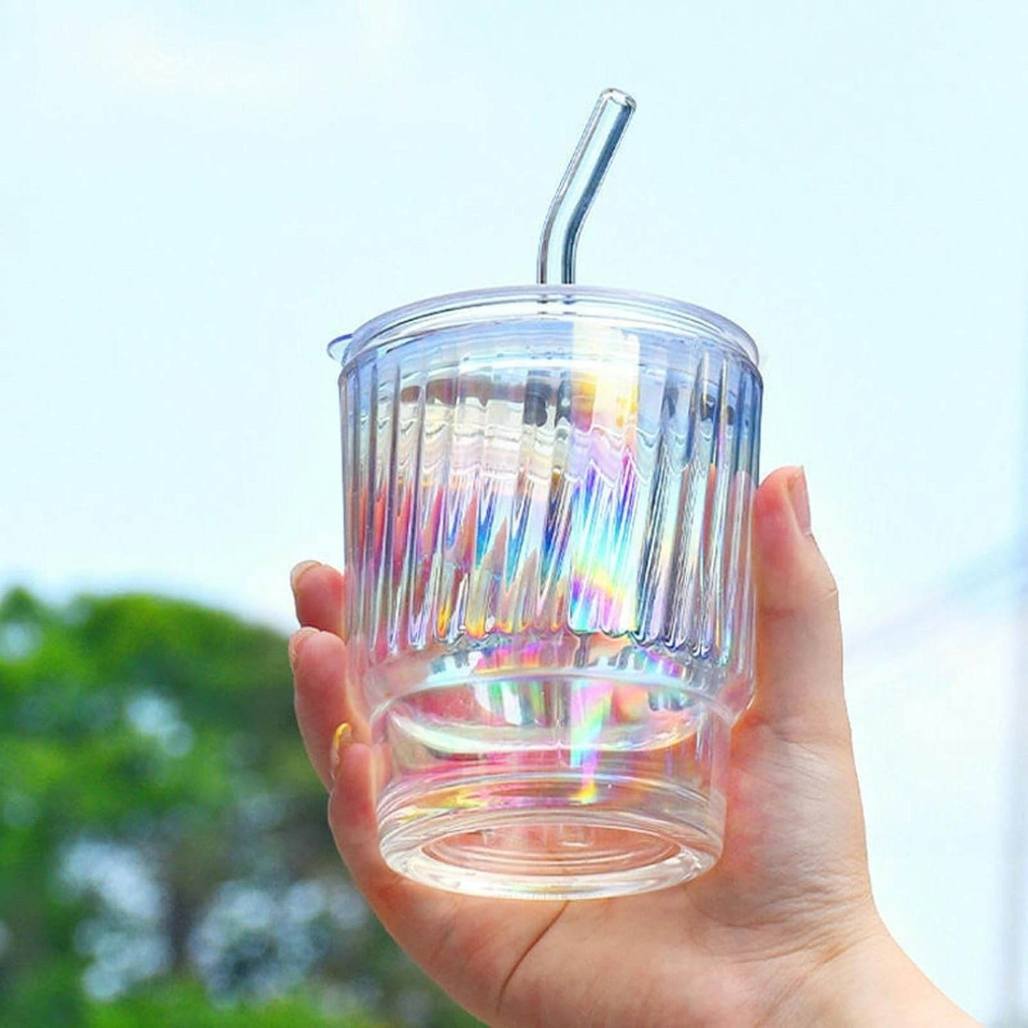 Rainbow Tumbler Glass With Lid And Straw (400ml)(Each)
