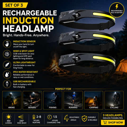 Set of 3 Rechargeable Induction Headlamp