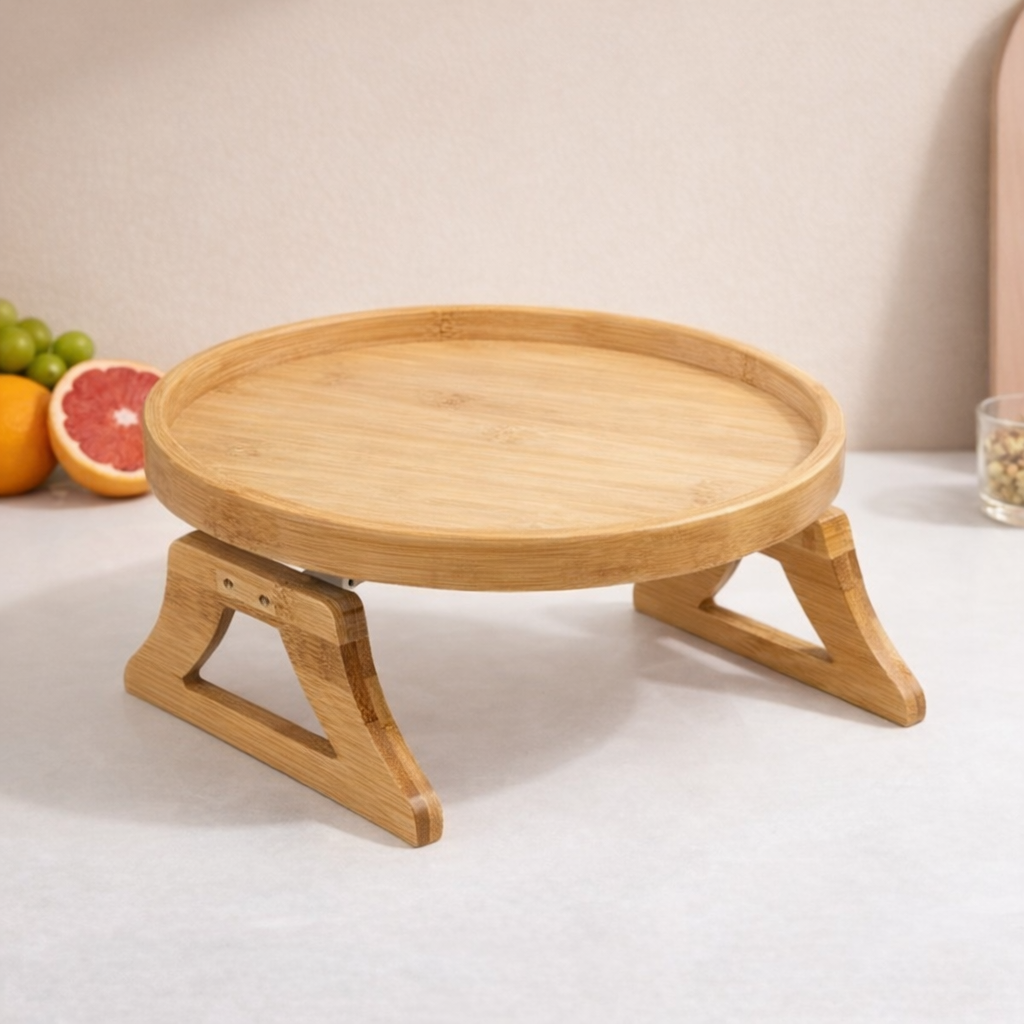 Natural Bamboo Foldable Round Serving Tray Table (25cm)
