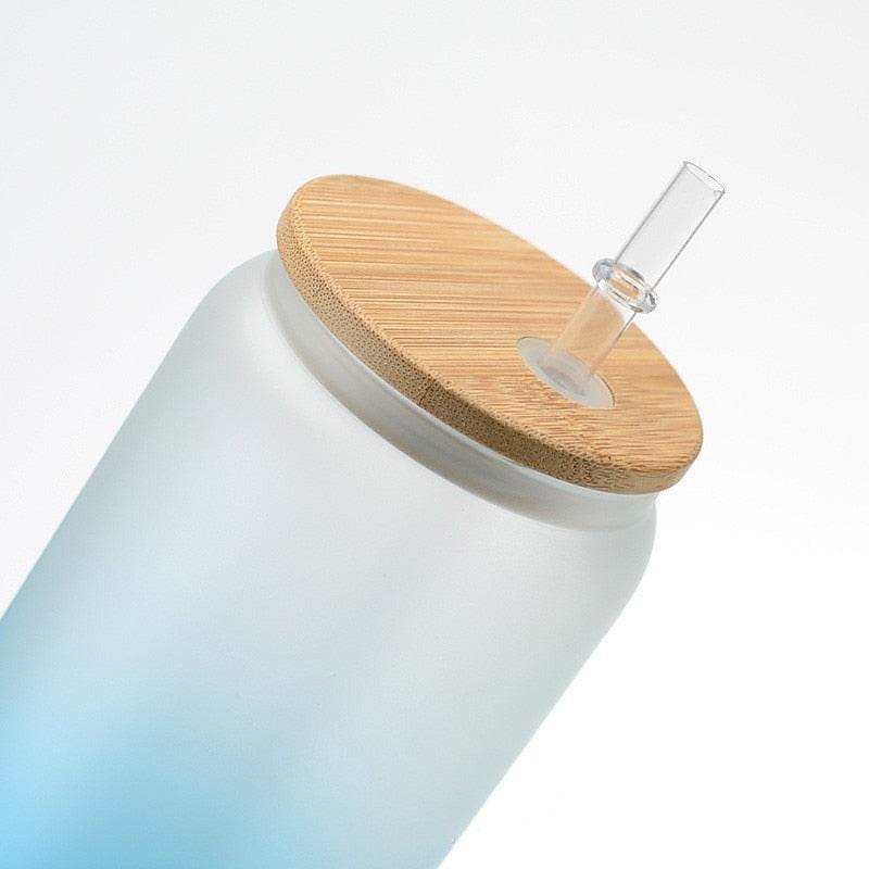 Frosted Drinking Glass With Bamboo Lid (380ml)(Each)