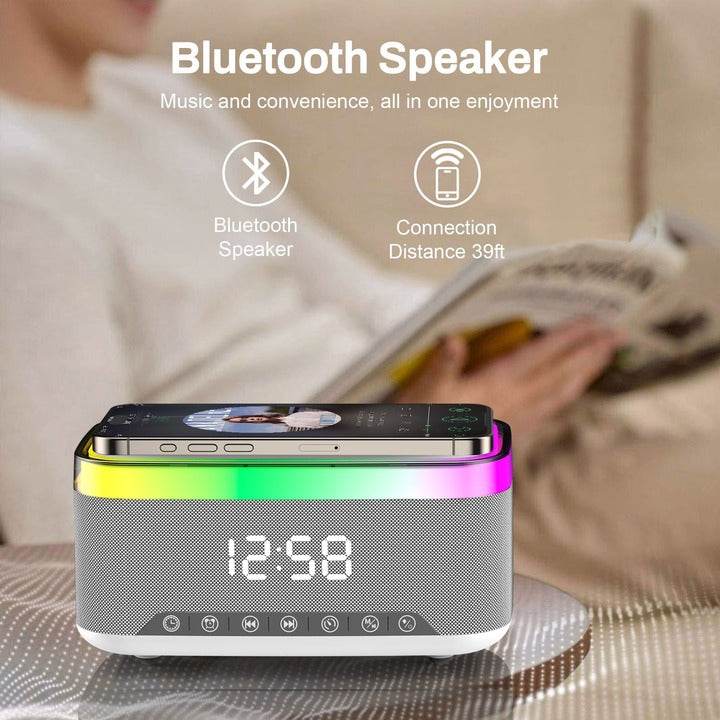 Smart Home Wireless Charging Stand, Speaker, and Digital Clock