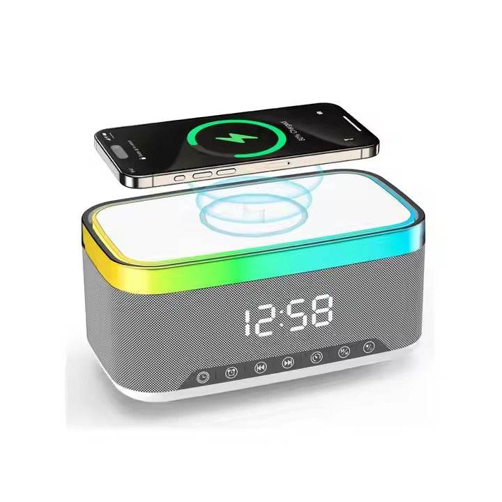 Smart Home Wireless Charging Stand, Speaker, and Digital Clock