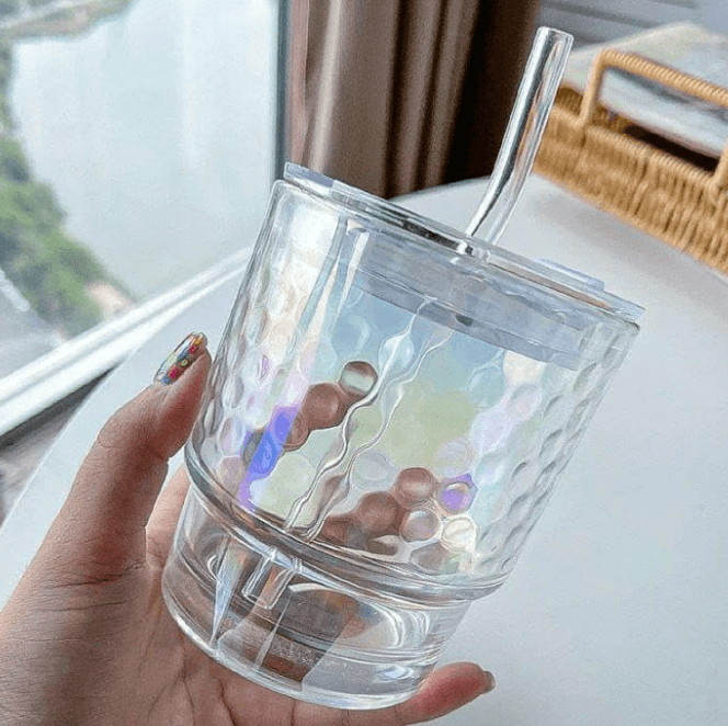 Rainbow Tumbler Glass With Lid And Straw (400ml)(Each)