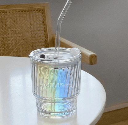 Rainbow Tumbler Glass With Lid And Straw (400ml)(Each) - DMC Wholesale