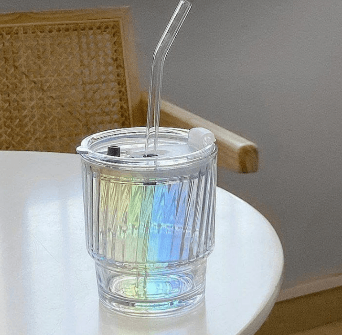 Rainbow Tumbler Glass With Lid And Straw (400ml)(Each)