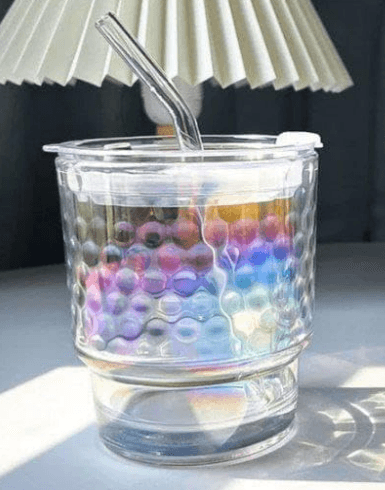 Rainbow Tumbler Glass With Lid And Straw (400ml)(Each)