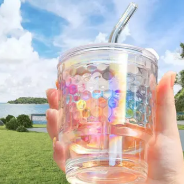 Rainbow Tumbler Glass With Lid And Straw (400ml)(Each)