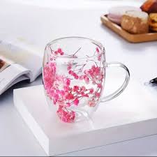 Double Walled Glass Cup (350ml)(Pink Flowers) - Alt View