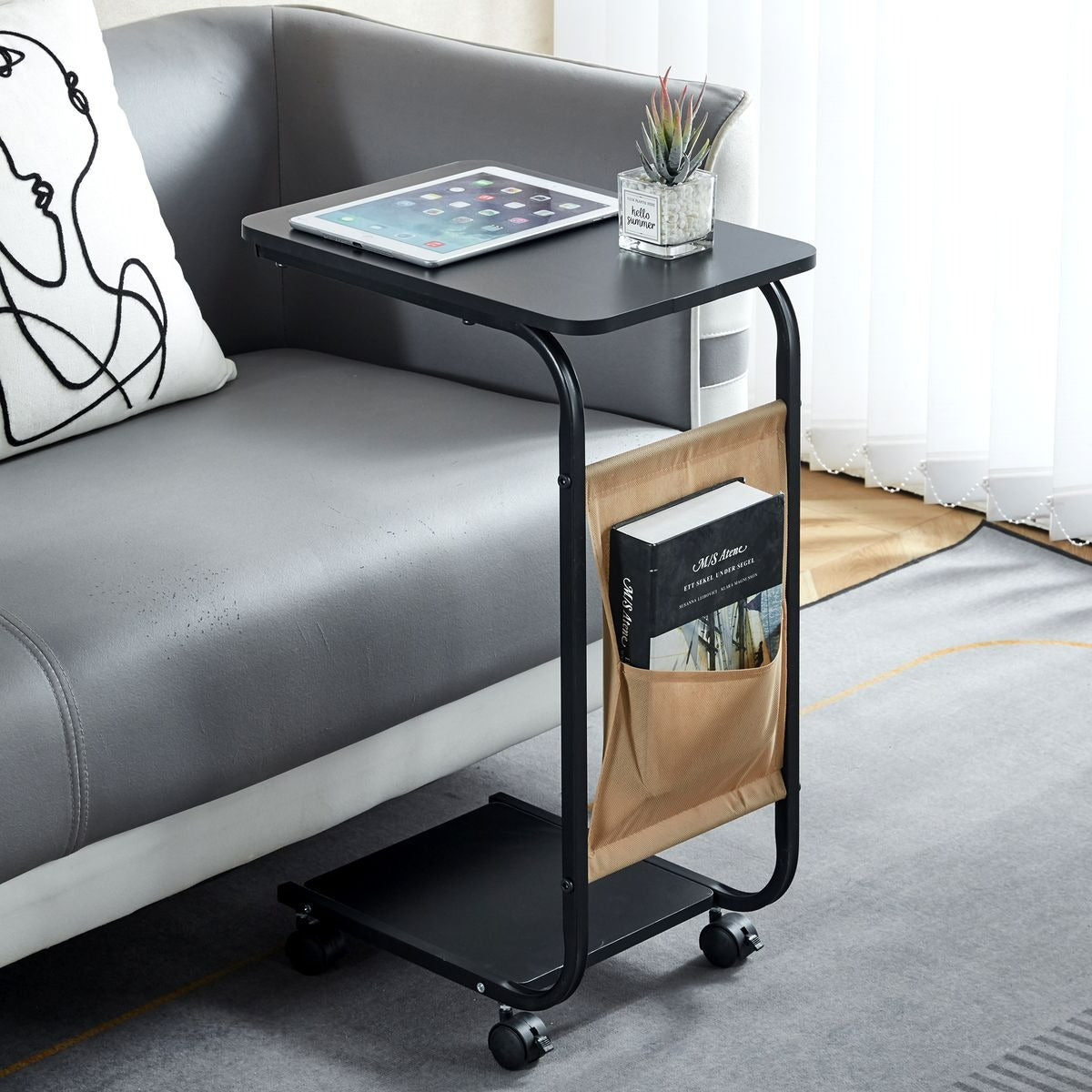 Side Table with Storage Bag and Wheels (C-Shape)