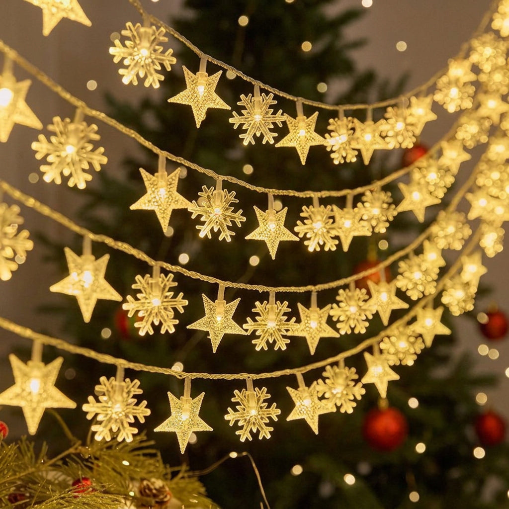 Snowflake & Star LED Fairy Lights - Christmas String Lights