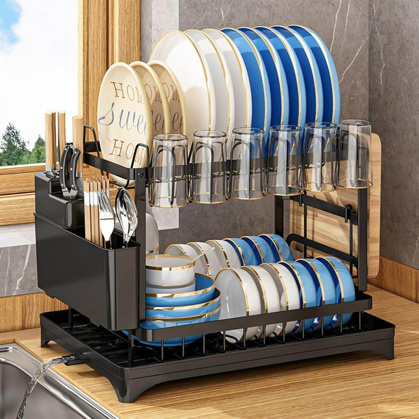 Auto Drain Dish Drying Rack (2 Tier)