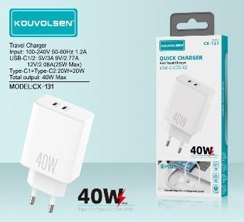 40W Dual USB-C Quick Charger Travel Adapter
